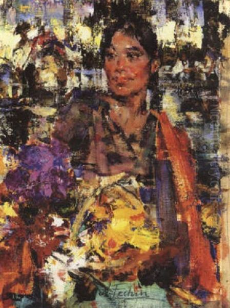 Indian Girl With Flower Basket Oil Painting by Nicolai Ivanovich Fechin