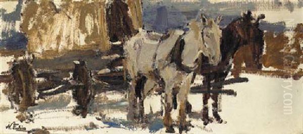 Horses Hitched To A Wagon Oil Painting by Nicolai Ivanovich Fechin