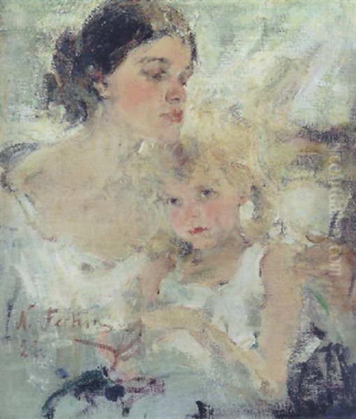Mrs. Fechin And Her Daughter (eya) Oil Painting by Nicolai Ivanovich Fechin