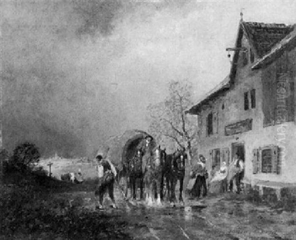Pferdefuhrwerk Vor Einem Bayrischen Landgasthof Oil Painting by Otto Fedder