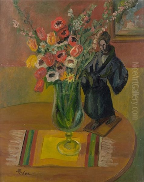 Vase De Fleurs Et Sculpture Au Kimono Oil Painting by Adolphe Feder
