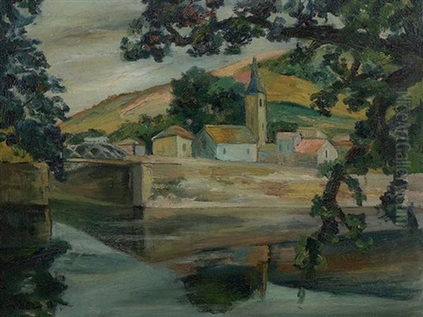 Village De Campagne En Bord De Riviere Oil Painting by Adolphe Feder