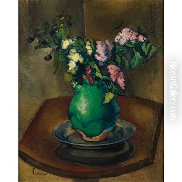 Still Life Of Lilacs In A Green Jug Oil Painting by Adolphe Feder