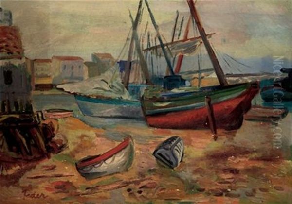 Bateaux Au Port A Maree Basse Oil Painting by Adolphe Feder