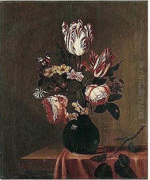 A Still Life Of Tulips, Roses, Hyacinths And Other Flowers, With A Red Admiral Butterfly, Arranged Upon A Table-top Partly Draped With A Red Cloth Oil Painting by Bartholomeus Assteyn