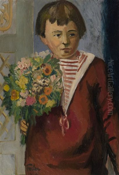 Boy With Flowers Oil Painting by Adolphe Feder