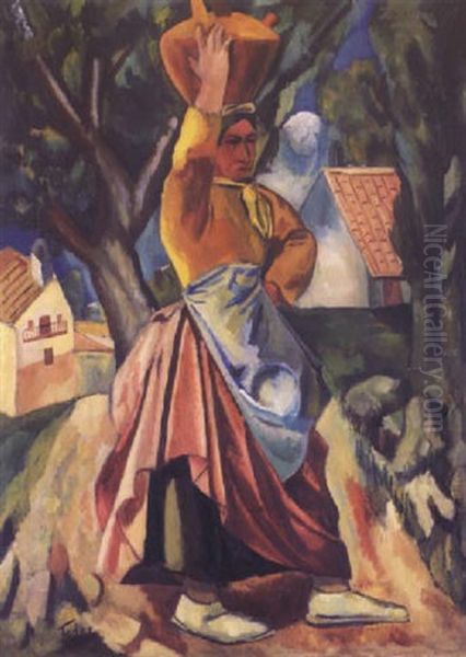 Woman Carrying A Jug In The Landscape Oil Painting by Adolphe Feder