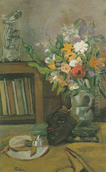 Nature Morte Au Bouquet De Fleurs Et Au Masque Oil Painting by Adolphe Feder