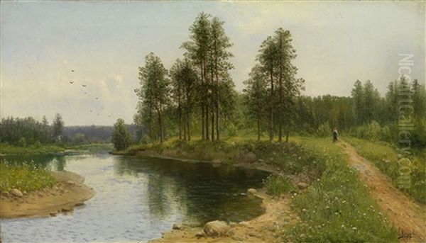 River Landscape With A Figure Oil Painting by Simeon Fedorovich Fedorov