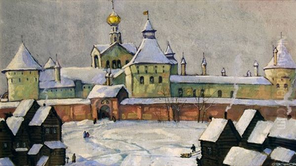 Winter In Old Russian Town Oil Painting by Fedor Fedorovich Fedorovsky