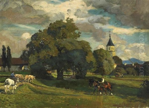Blick Auf Ein Suddeutsches Kirchdorf Oil Painting by Friedrich Fehr