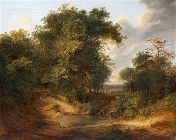 At A Small Pond In A Forest Oil Painting by Joseph Feid