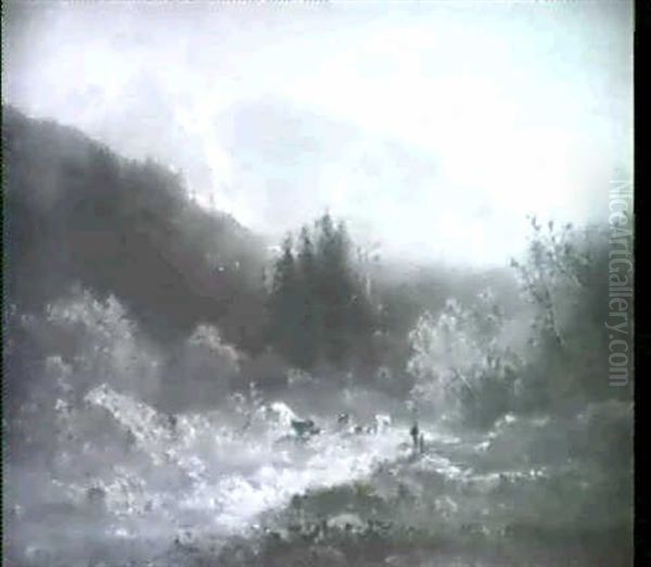 Gebirgslandschaft Mit Kuhen Oil Painting by Ferdinand Feldhuetter