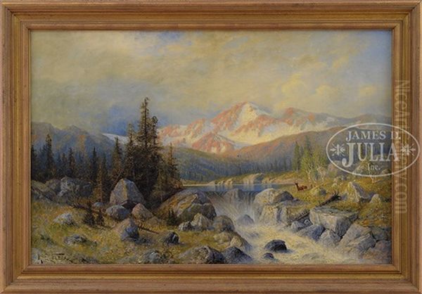 Landscape With Snowcapped Mountain, Waterfall And Deer Oil Painting by Karl Eugene Felix