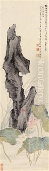 Lotus And Stones Oil Painting by Feng Chaoran