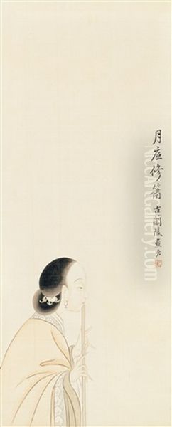 Woman With Flute In Moonlight (+ Woman Attracted With Flowers; 2 Works) Oil Painting by Feng Chaoran