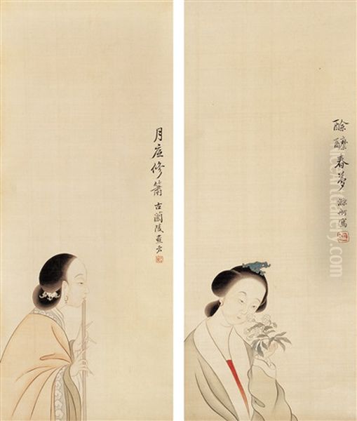 Woman With Flute In Moonlight (+ Woman Attracted With Flowers; 2 Works) Oil Painting by Feng Chaoran