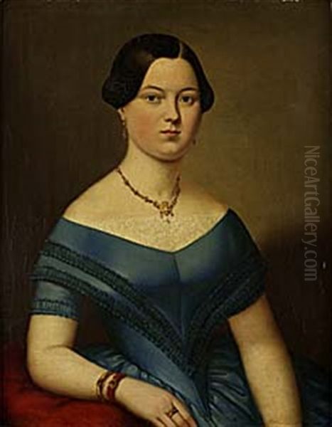 Portratt Av Dam I Bla Klanning Oil Painting by Anton Ferenz