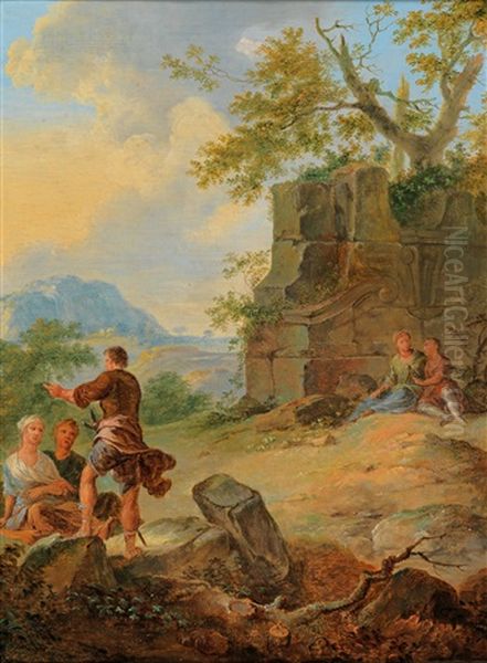 Two Southern Landscapes With Figures Resting Near Antique Monuments Oil Painting by Franz de Paula Ferg