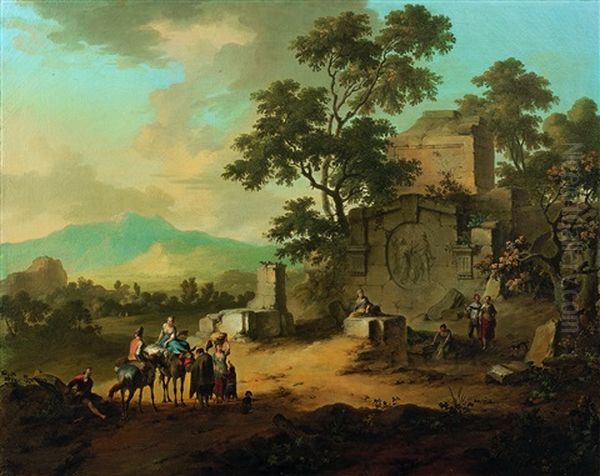Landleute In Sudlicher Ruinenlandschaft Oil Painting by Franz de Paula Ferg