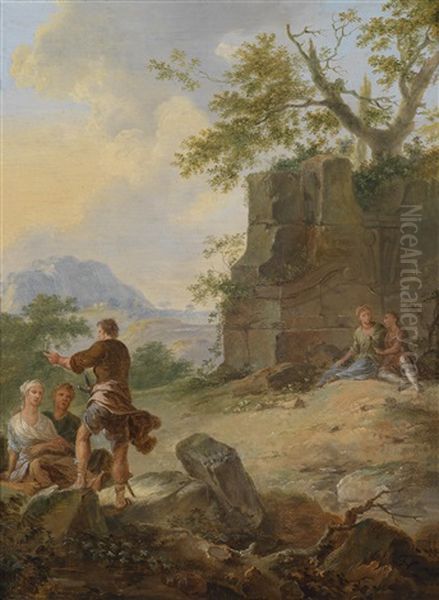 Ruinenlandschaft Mit Rastenden Personen (+ Another, Similar; Pair) Oil Painting by Franz de Paula Ferg