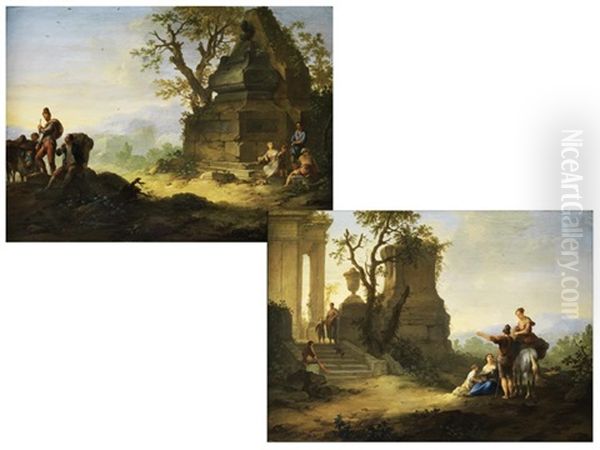 Arkadische Landschaften Mit Figurenstaffage (diptych) Oil Painting by Franz de Paula Ferg