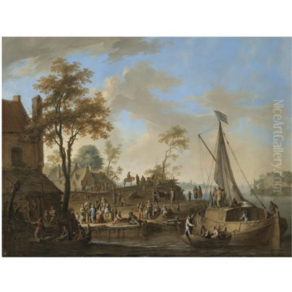 A River Landscape With Workers Loading Cargo Onto A Moored Boat Oil Painting by Franz de Paula Ferg