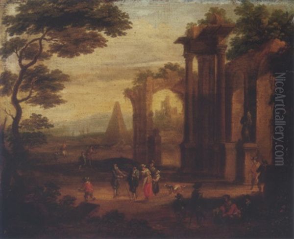 An Italianate Landscape With Figures Strolling And Resting By A Ruin Oil Painting by Franz de Paula Ferg