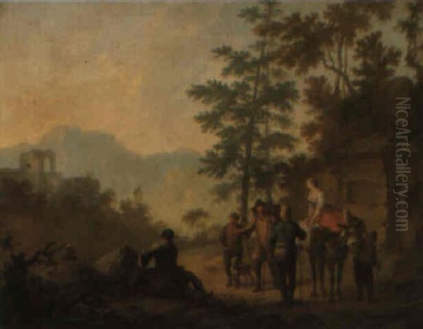 Landscape With Ruins And A Group Of Travellers Resting Near A Monument Oil Painting by Franz de Paula Ferg
