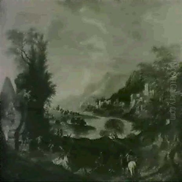 Gebirgige Flusslandschaft. Oil Painting by Franz de Paula Ferg