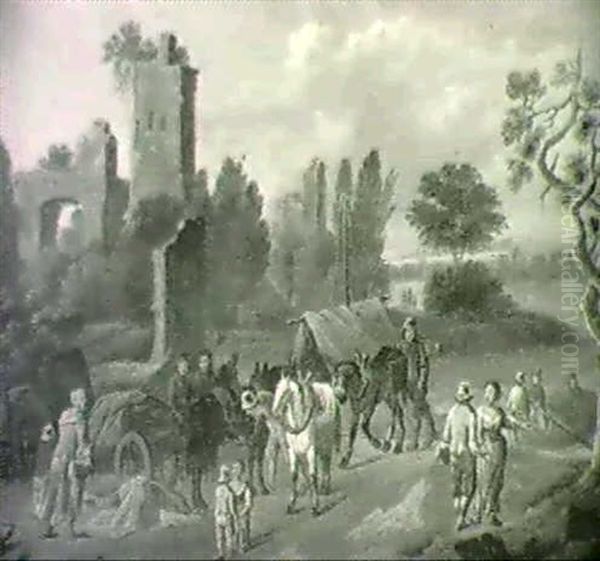 Eine Flusslandschaft Mit Einem Pferdewagen Und Reisenden. Oil Painting by Franz de Paula Ferg