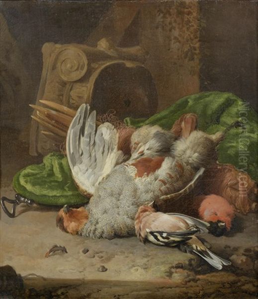 A Still Life Of A Partridge, Hoopoe And Bullfinch Beside A Green Velvet Game Bag And A Stone Capital Oil Painting by William Gowe Ferguson