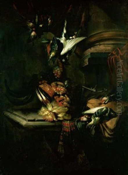 Still Life With A Cockerel And Other Birds Together On A Stone Ledge, Draped With A Cloth Oil Painting by William Gowe Ferguson