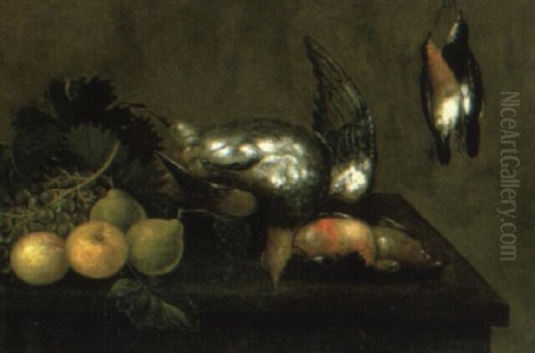 A Dead Partridge, Dead Finches, Apples Grapes And Pears On A Table Oil Painting by William Gowe Ferguson