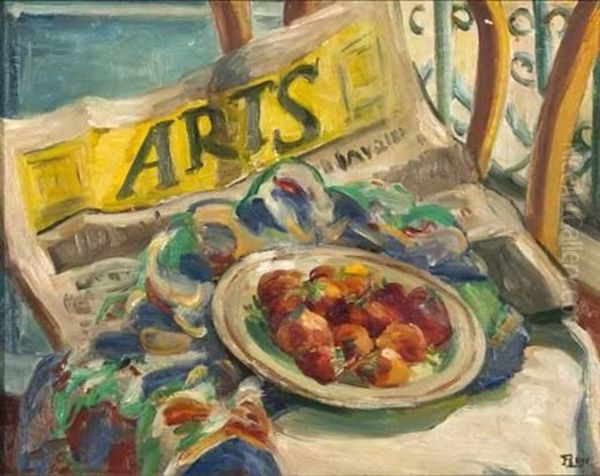 Still Life With Newspaper And Fruit Oil Painting by Emily Isabelle Fern