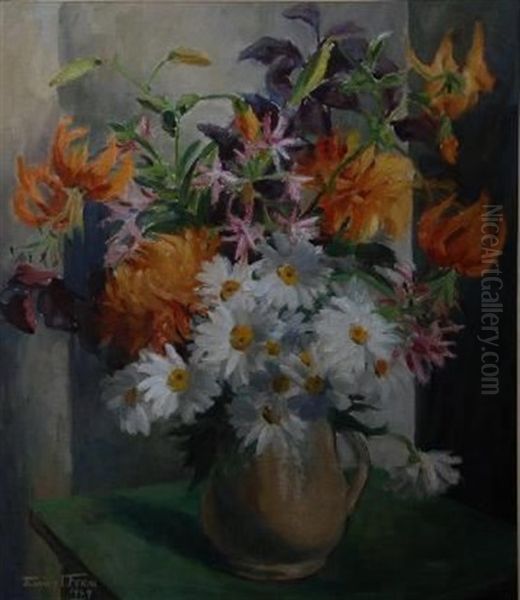 A Still Life With Flowers In A Jug Oil Painting by Emily Isabelle Fern