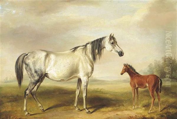 A Grey Mare And A Brown Foal In A Landscape Oil Painting by John Ferneley Jr.