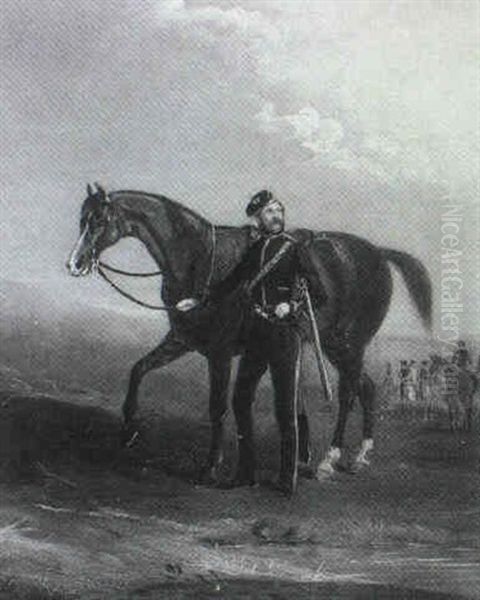 Portrait Of A Cavalry Officer Of The 10th Hussars With His  Bay House, In A Landscape Oil Painting by John Ferneley Jr.