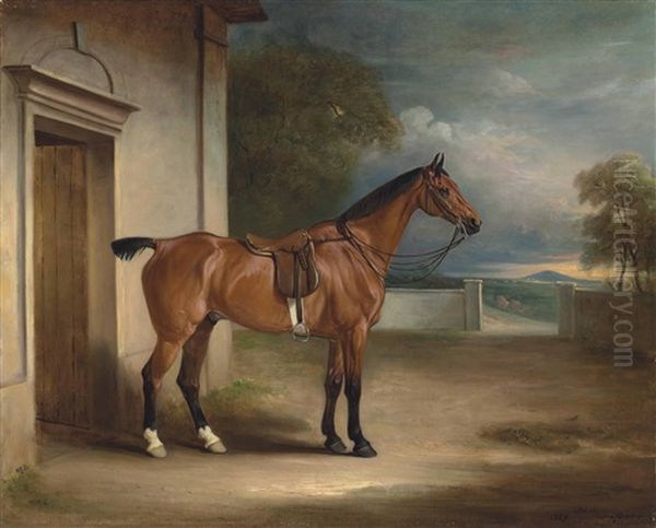 A Saddled Hunter In A Stable Yard, A Wooded Landscape Beyond Oil Painting by John E. Ferneley