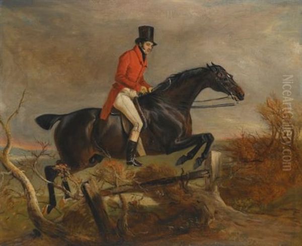 Portrait Of Sir Henry Goodricke, 7th Baronet, Clearing A Fence On His Grey Hunter Oil Painting by John E. Ferneley