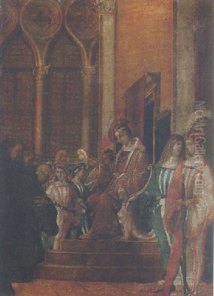 A Monarch Receiving A Deputation Of Franciscan Friars Oil Painting by Floriano Ferramola