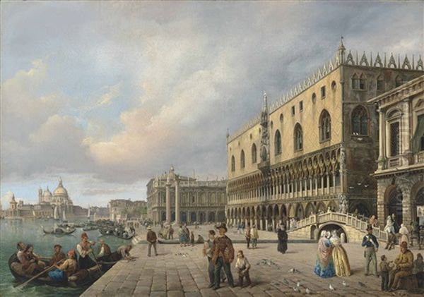 The Riva Degli Schiavoni, Venice, With Santa Maria Della Salute Beyond Oil Painting by Carlo Ferrari