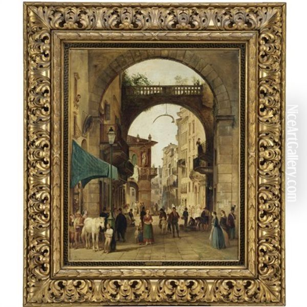 Piazza Delle Erbe A Verona Oil Painting by Carlo Ferrari