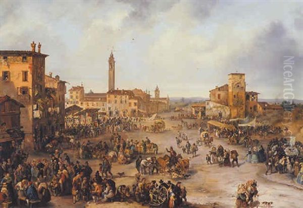 A View Of A Market Town And The Fair Of St. Allessandro In August/september In Bergamo(?) Oil Painting by Carlo Ferrari