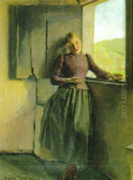 Singende Junge Frau Am Fenster Oil Painting by Jean Georges Ferry