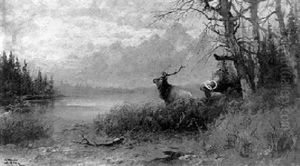 Two Elks In A Mountain Landscape Oil Painting by John Fery