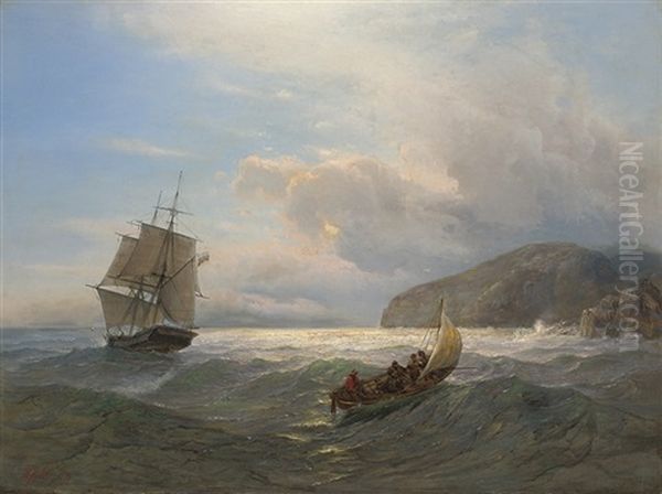 A Russian Brig In Crimean Waters At Dusk Oil Painting by Adolf Ivanovich Fessler