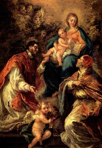 The Virgin And Child With Saint Cajetan And Pope Paul Iv Oil Painting by Domenico Feti
