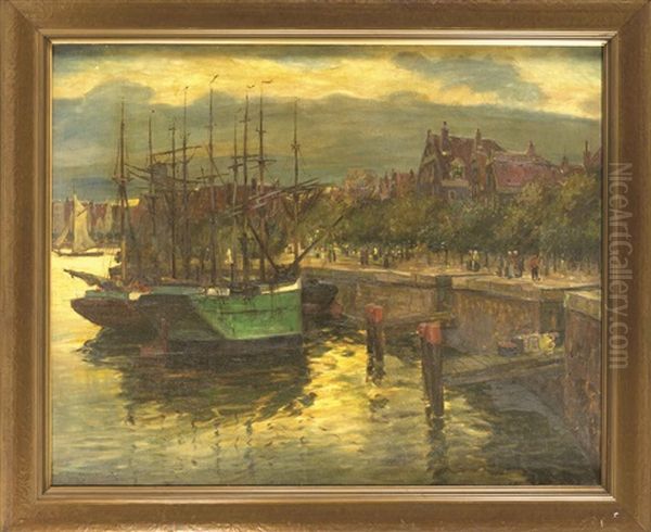 Hollandische Hafenpromenade Mit Ankernden Schiffen Und Figurenstaffage Oil Painting by Carl Fey