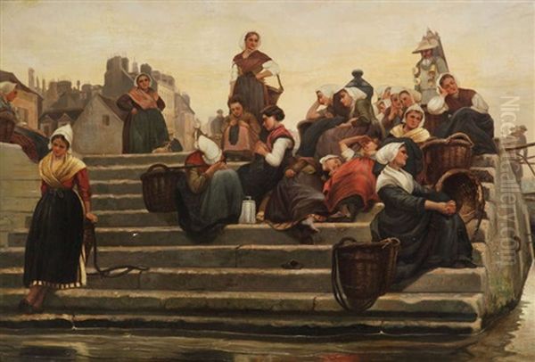 Attendant Le Retour Des Pecheurs Oil Painting by Francois Nicolas Augustin Feyen-Perrin